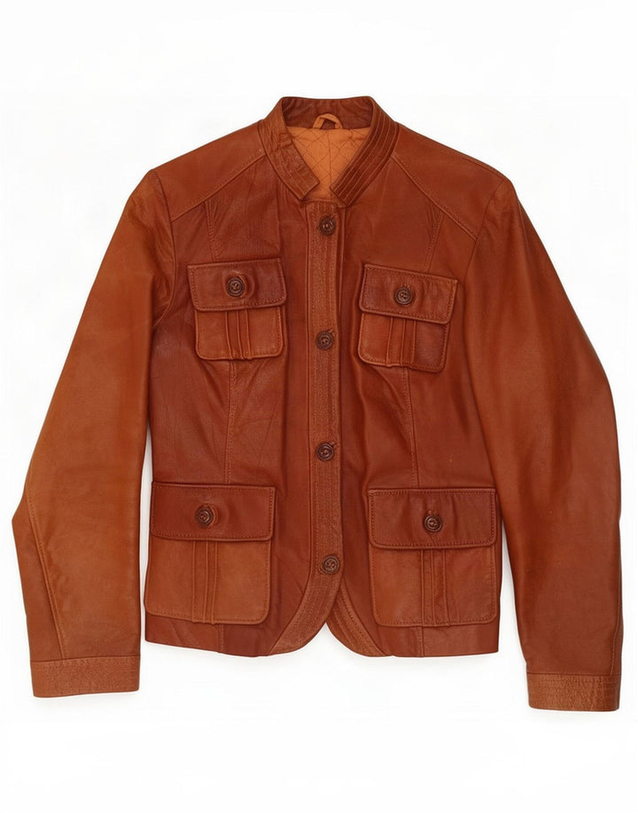 Vintage dame læder Utility Jacket UK 8 Small Brown