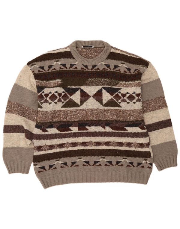Vintage Herre rund hals sweater IT 50 Medium Brun Geometrisk