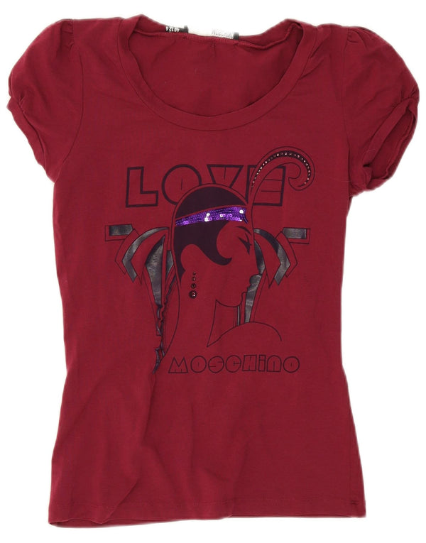 Moschino Dame Grafisk T-Shirt Top UK 12 Medium Bourgogne Bomuld