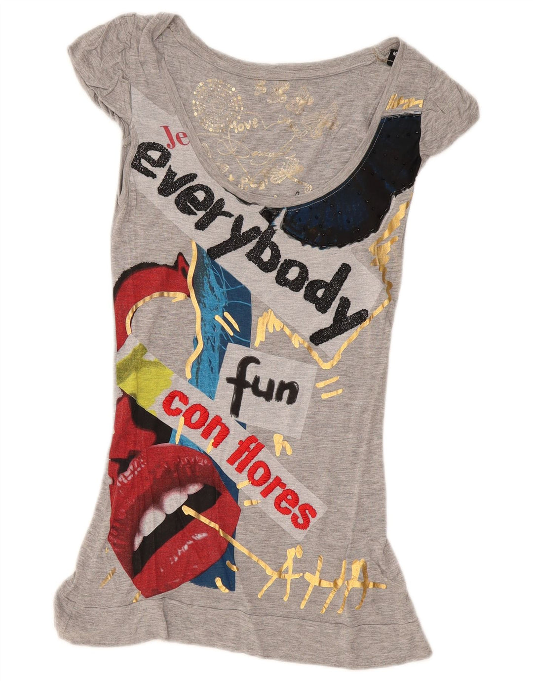 Desigual Dame Grafisk Tunika Top UK 12 Medium Grå Viscose