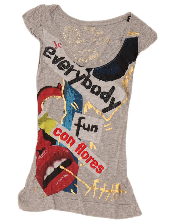 Desigual Dame Grafisk Tunika Top UK 12 Medium Grå Viscose