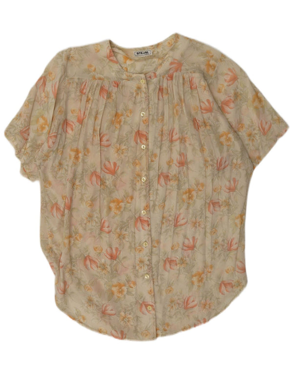 Vintage Dame Kortærmet Skjorte Bluse IT 42 Medium Beige Floral