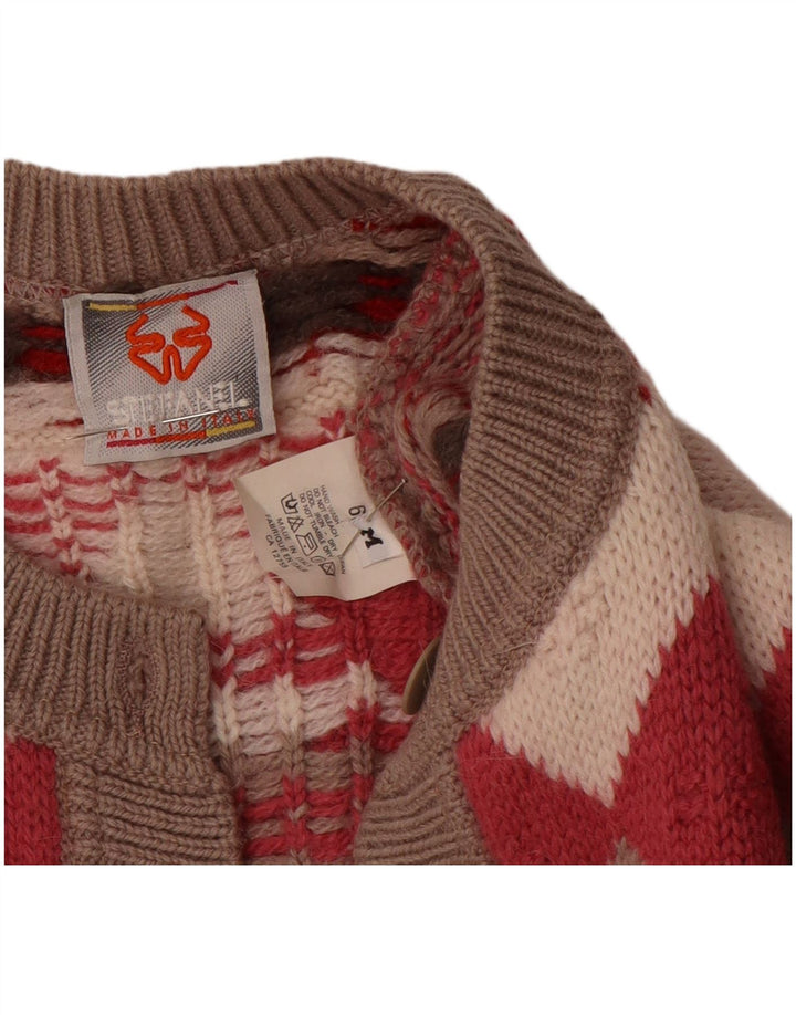Stefanel Dame Loose Fit Cardigan Sweater UK 14 Medium Rød Geometrisk Uld