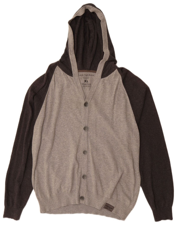 CALVIN KLEIN JEANS Herre hættecardigan sweater XL Grå Colourblock Bomuld