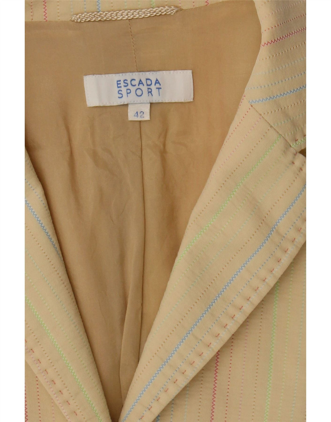 ESCADA Womens 3 Button 2 Piece Suit EU 42 Large W33 L29 Beige Striped Vintage Escada and Second-Hand Escada from Messina Hembry 