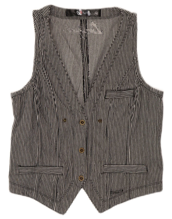 Desigual Womens Crop Waistcoat EU 40 Medium Navy Blue Pinstripe Cotton