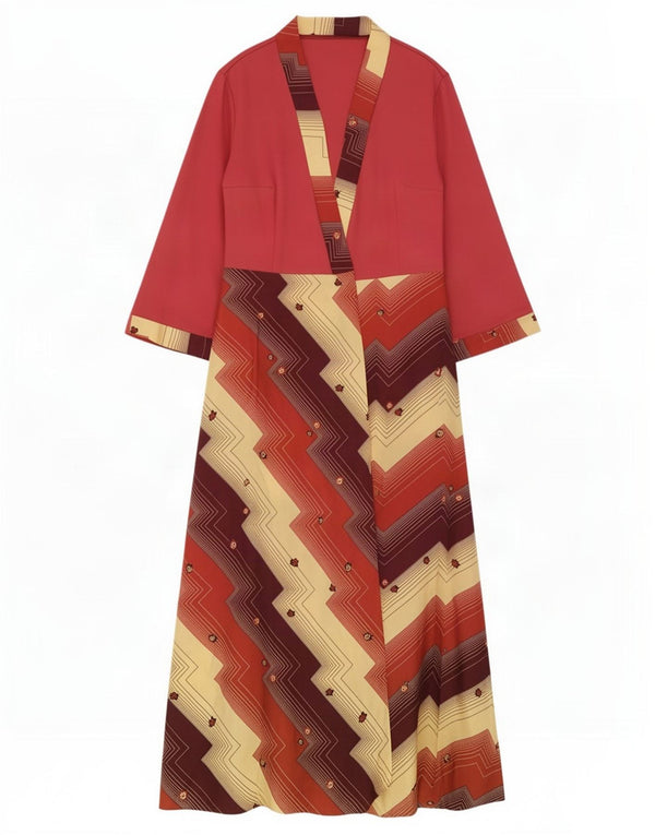 Vintage Dame 3/4 ærmet Robe Maxi Kjole UK 8 Lille Rød Geometrisk
