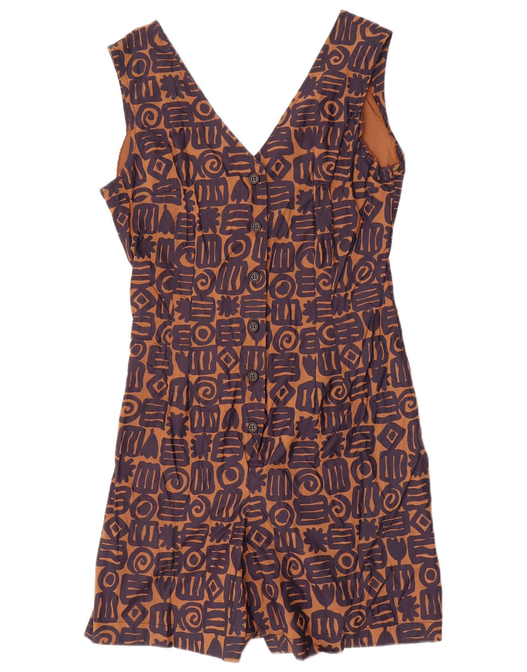 Vintage dame ærmeløs playsuit IT 46 Stor brun geometrisk viskose