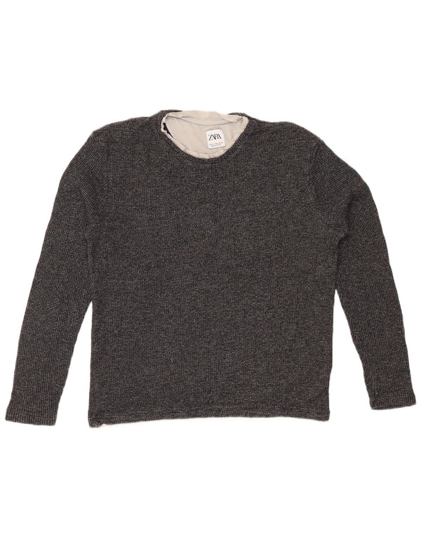 ZARA Dame Top Langærmet UK 14 Mellemgrå Flecked Bomuld