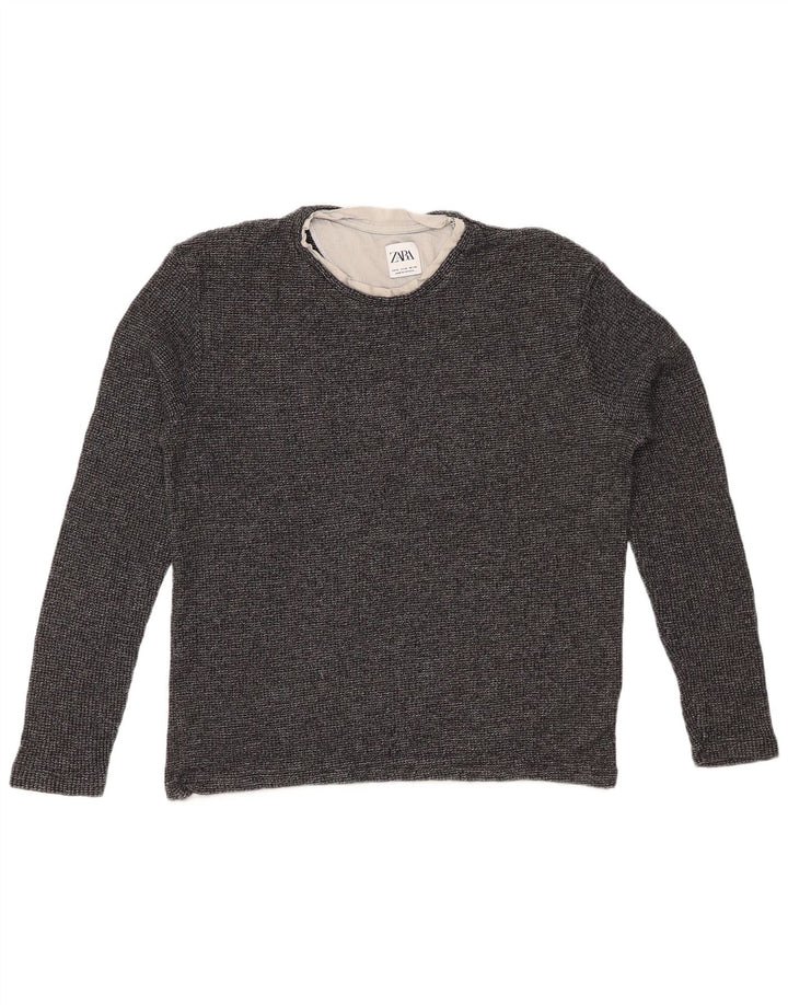 ZARA Dame Top Langærmet UK 14 Mellemgrå Flecked Bomuld