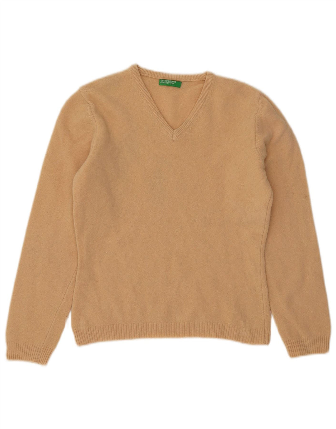 BENETTON Dame Crop V-hals sweater UK 12 Medium Beige Uld