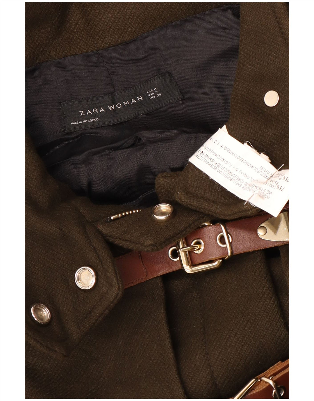 Zara Dame Hætte Vindjakke UK 14 Medium Khaki Wool