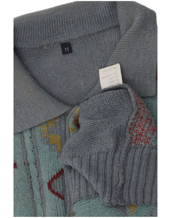 Vintage herre polo hals sweater mellemgrå geometrisk alpaka uld