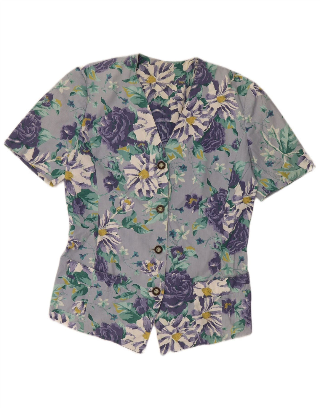 VINTAGE Kortærmet skjortebluse til kvinder UK 14 Large Blue Floral