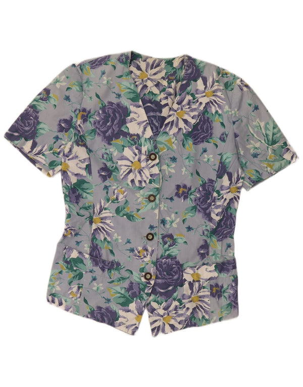 VINTAGE Kortærmet skjortebluse til kvinder UK 14 Large Blue Floral