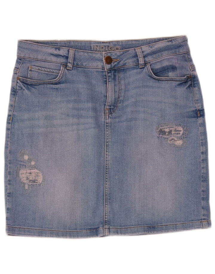 Marks & Spencer Dame Indigo Distressed Denim Nederdel UK 12 Medium W32 Blue