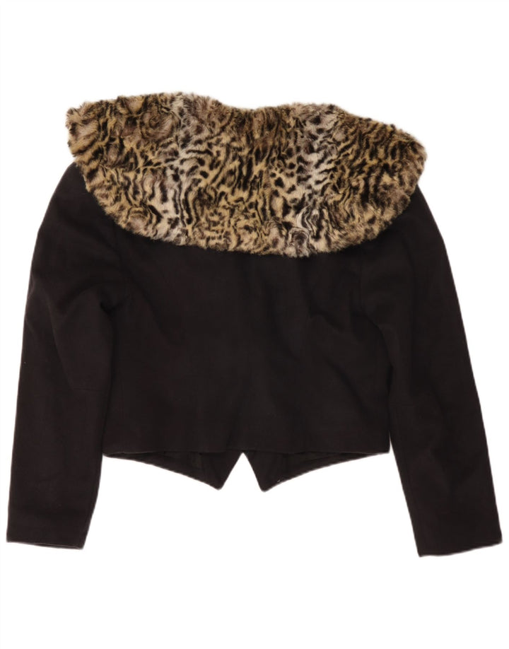 Vintage Dame Crop Blazer Jacket UK 14 Medium Black Animal Print