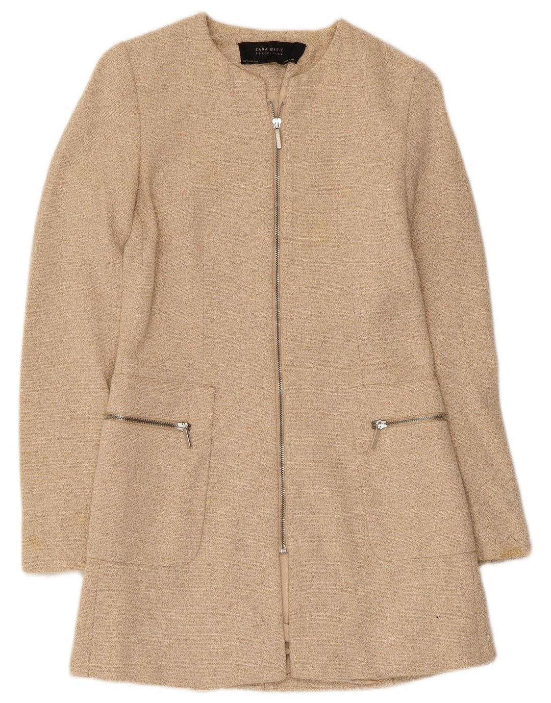 Zara Dame Longline Blazerjakke med fuld lynlås UK 8 Small Beige Flecked