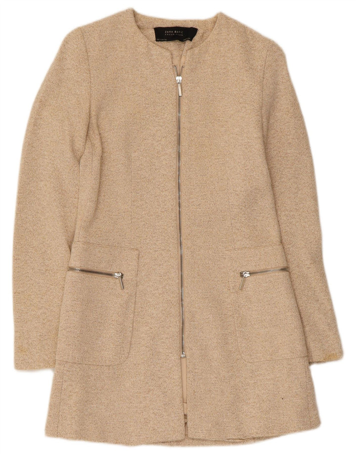 Zara Dame Longline Blazerjakke med fuld lynlås UK 8 Small Beige Flecked