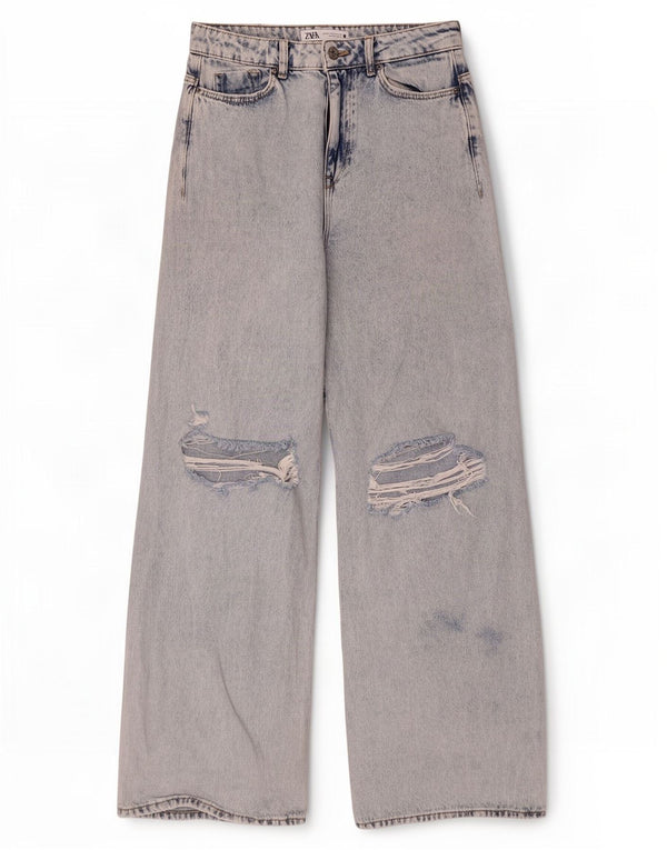 Zara Womens Distressed Wide Leg Jeans EU 38 Small W28 L32 Blue Cotton