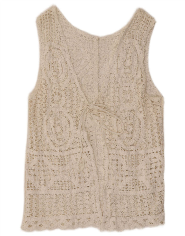 Vintage ærmeløs hæklet cardigantop til kvinder DK 14 Medium White