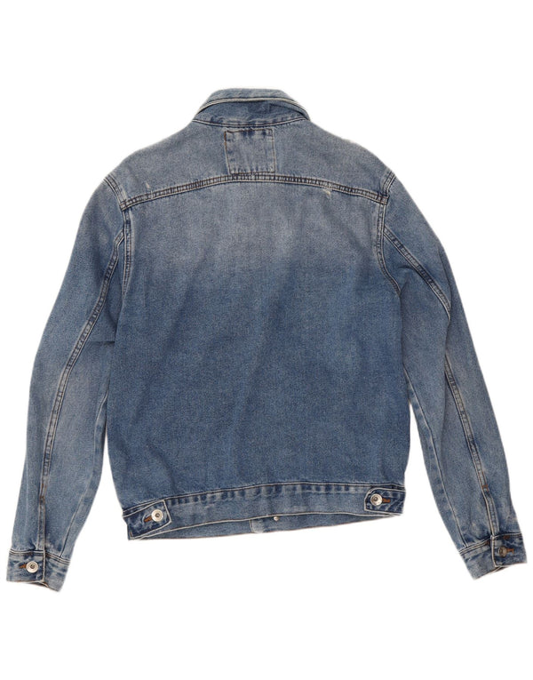 Zara Herre Distressed Denim Jacket UK 38 Medium Blue Cotton