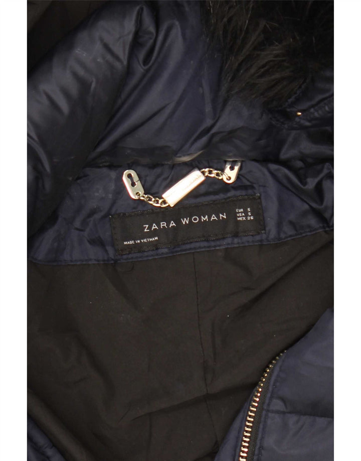 Zara Dame Hætte Polstret Frakke UK 10 Small Navy Blue Polyester