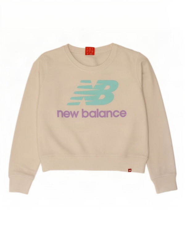 New Balance Dame Crop Graphic Sweatshirt Jumper UK 14 Medium White Bomuld