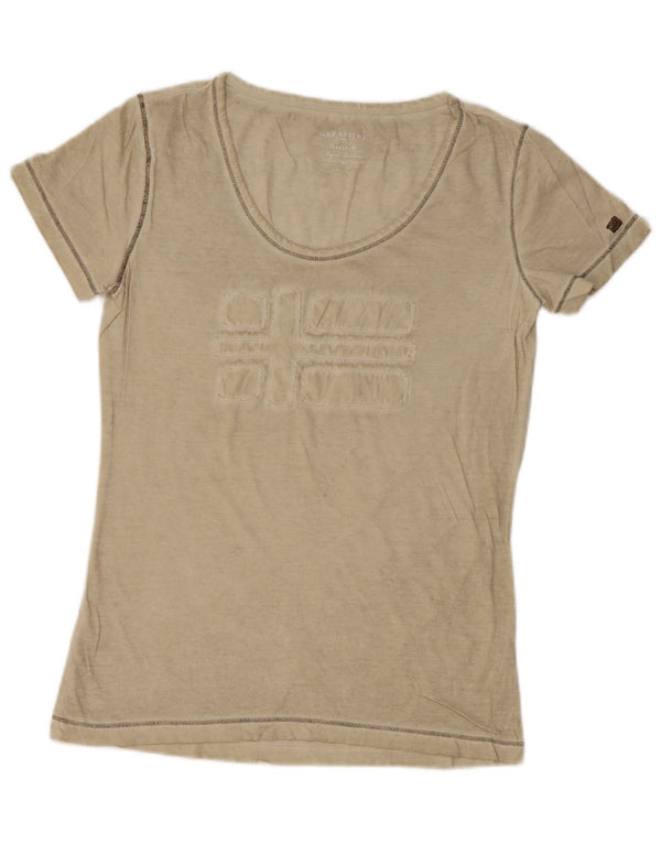 NAPAPIJRI Grafisk T-shirt top til kvinder UK 10 Small Beige