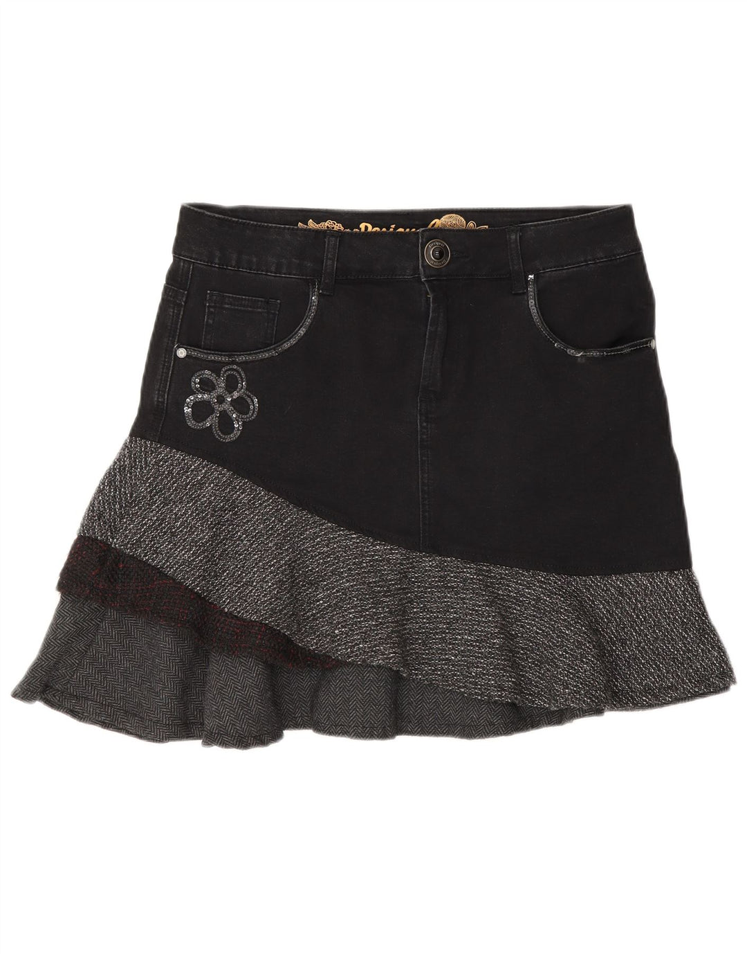 Desigual Dame Asymmetrisk Denim Nederdel EU 40 Medium W30 Grå Sildeben