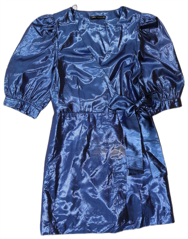 Zara Dame A-Line Kjole UK 8 Lille Blå Polyester
