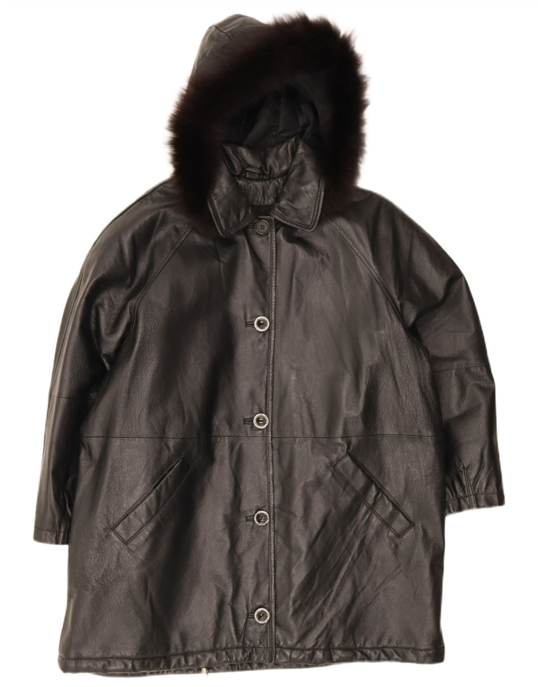 Privilegi Dame Hætte Oversized Læder Frakke IT 44 Medium Sort Læder