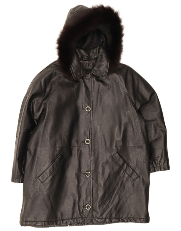 Privilegi Dame Hætte Oversized Læder Frakke IT 44 Medium Sort Læder