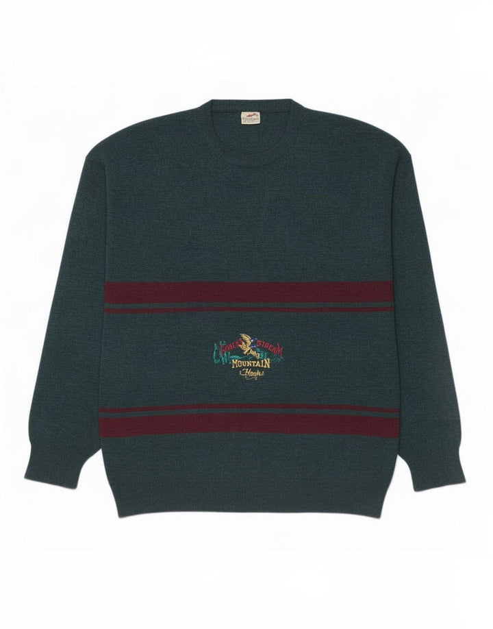 Bernardini Herre grafisk rund hals sweater mellemgrøn stribet uld