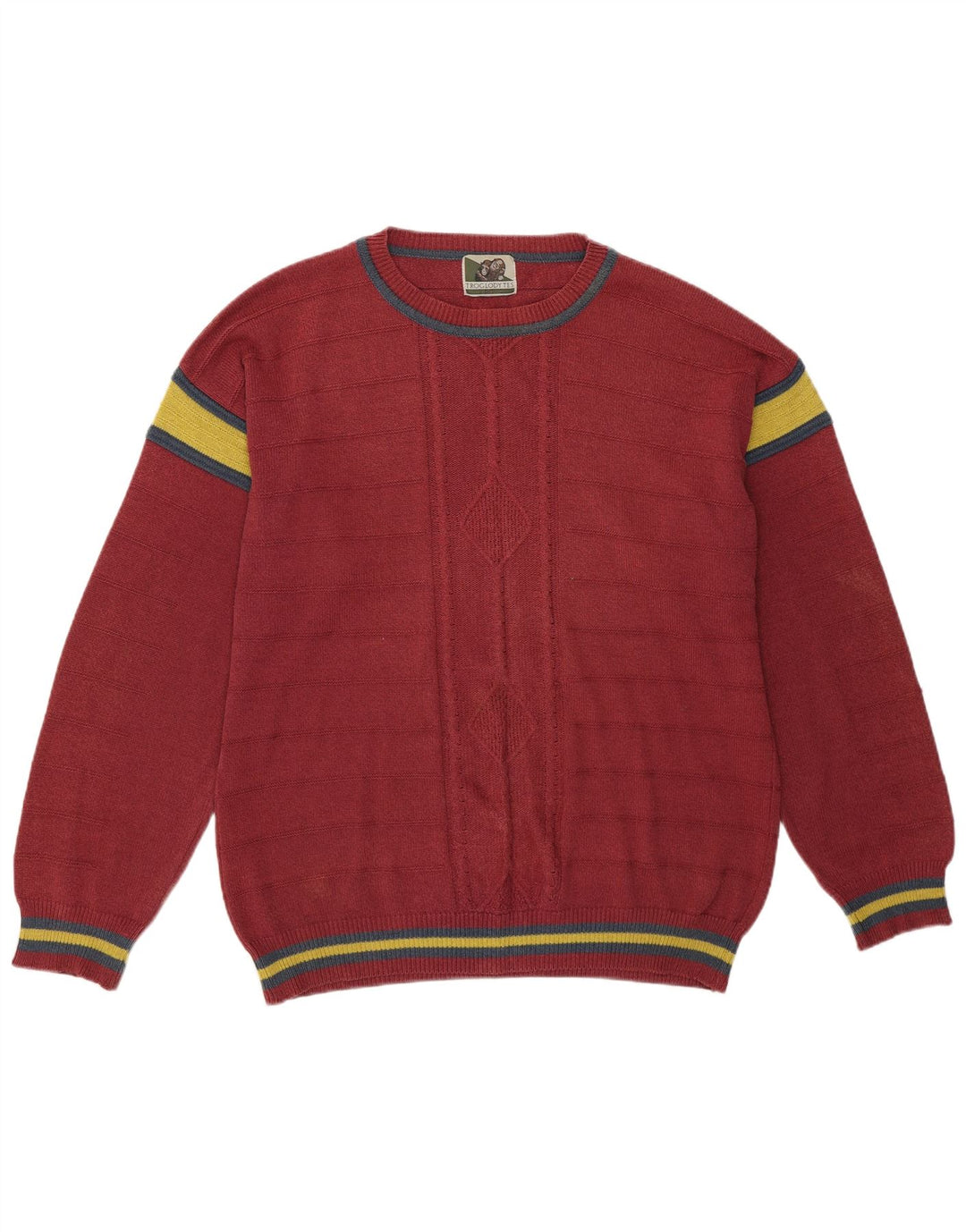 Vintage herre sweater med rund hals, stor pink farveblok