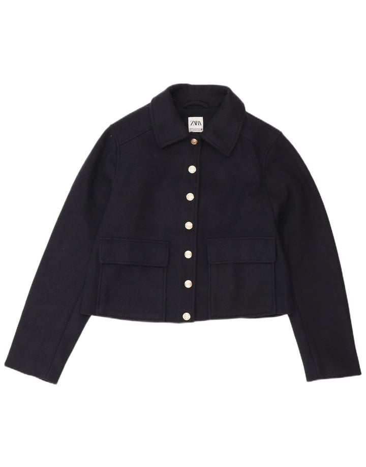 Zara Womens Crop Bomber Jacket UK 6 XS Navy Blue Polyester