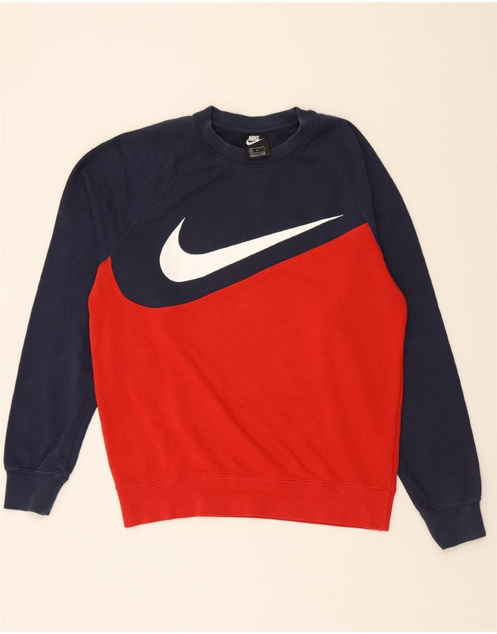 NIKE Mens Graphic Sweatshirt Jumper Medium Navy Blue Colourblock Cotton Vintage Nike and Second-Hand Nike from Messina Hembry 