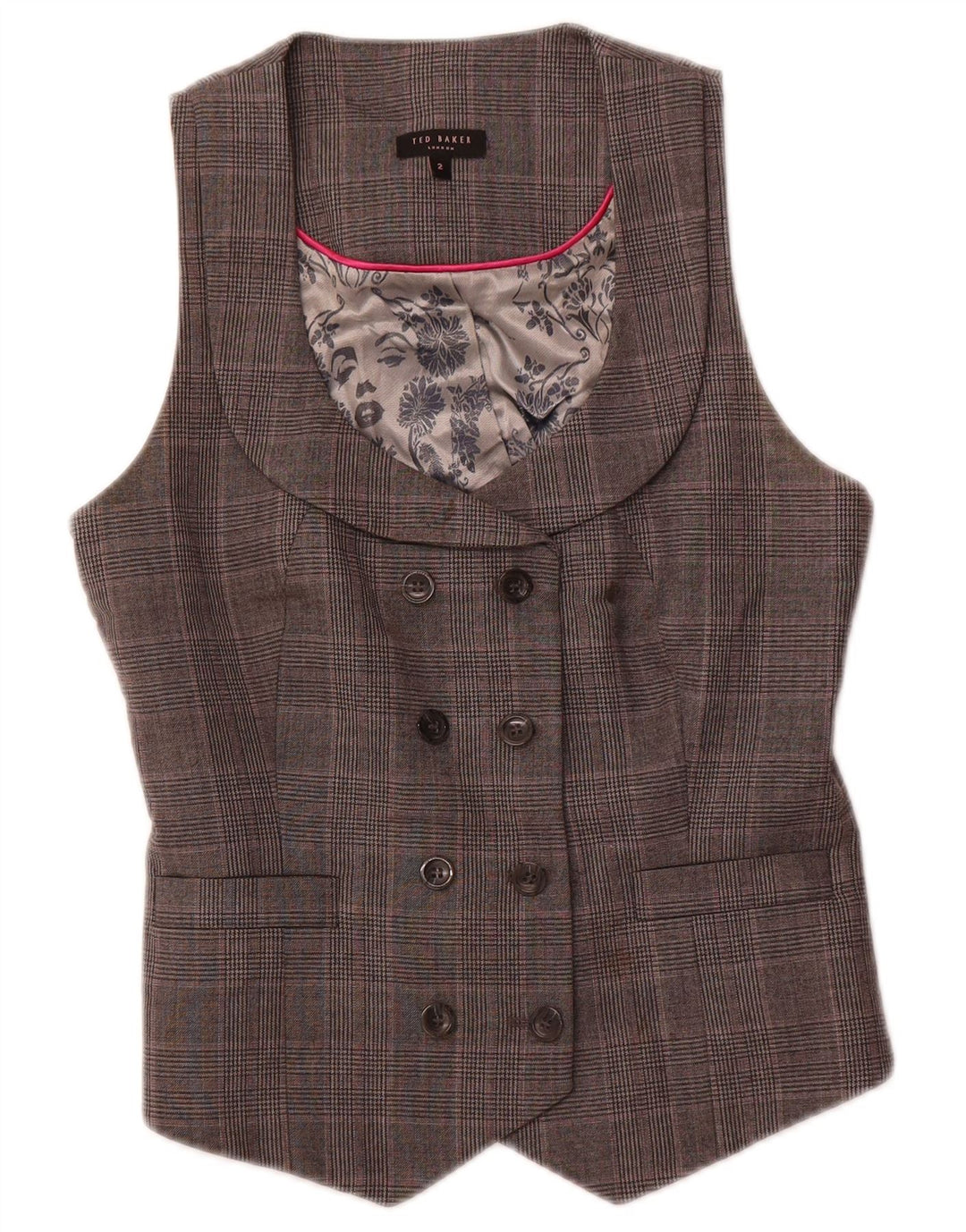 TED BAKER Dobbeltradet vest for kvinder str. 2 Lille grå ternet uld