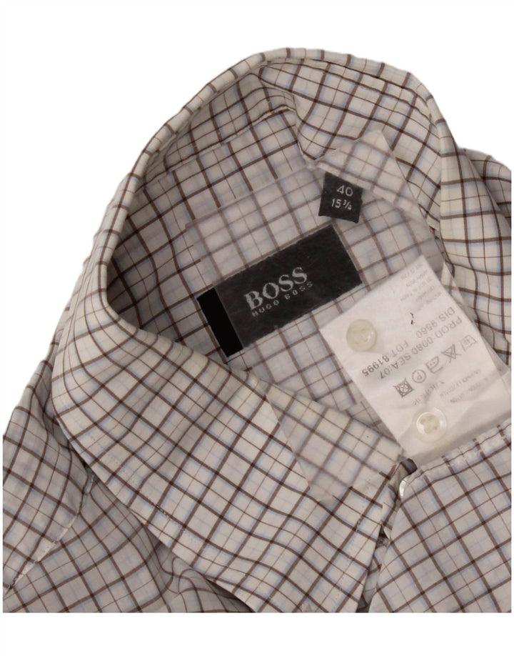 HUGO BOSS Kortærmet Herreskjorte Størrelse 40 15 3/4 Medium Hvid Ternet Bomuld