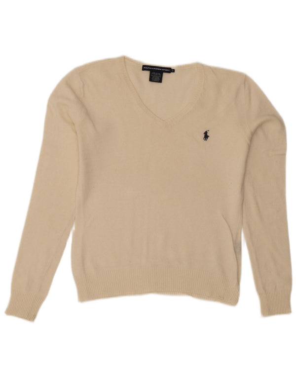 Ralph Lauren Dame V-hals sweater UK 16 Large Off White Merino Wool