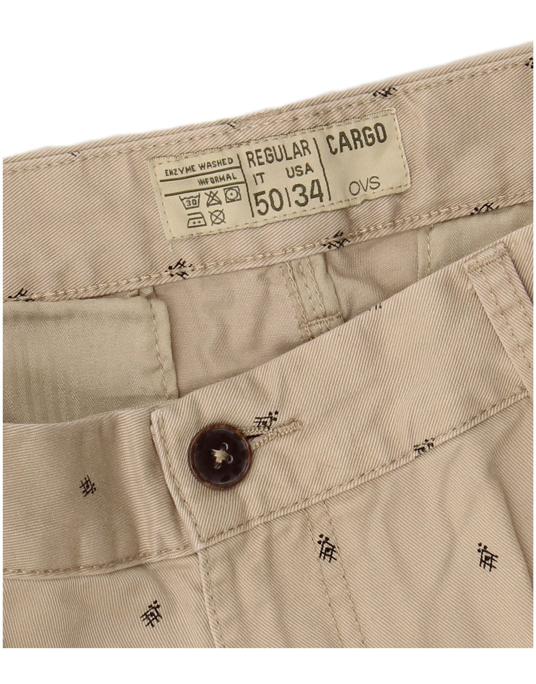 OVS Mens Abstract Pattern Cargo Shorts IT 50 Large W34 Beige Cotton