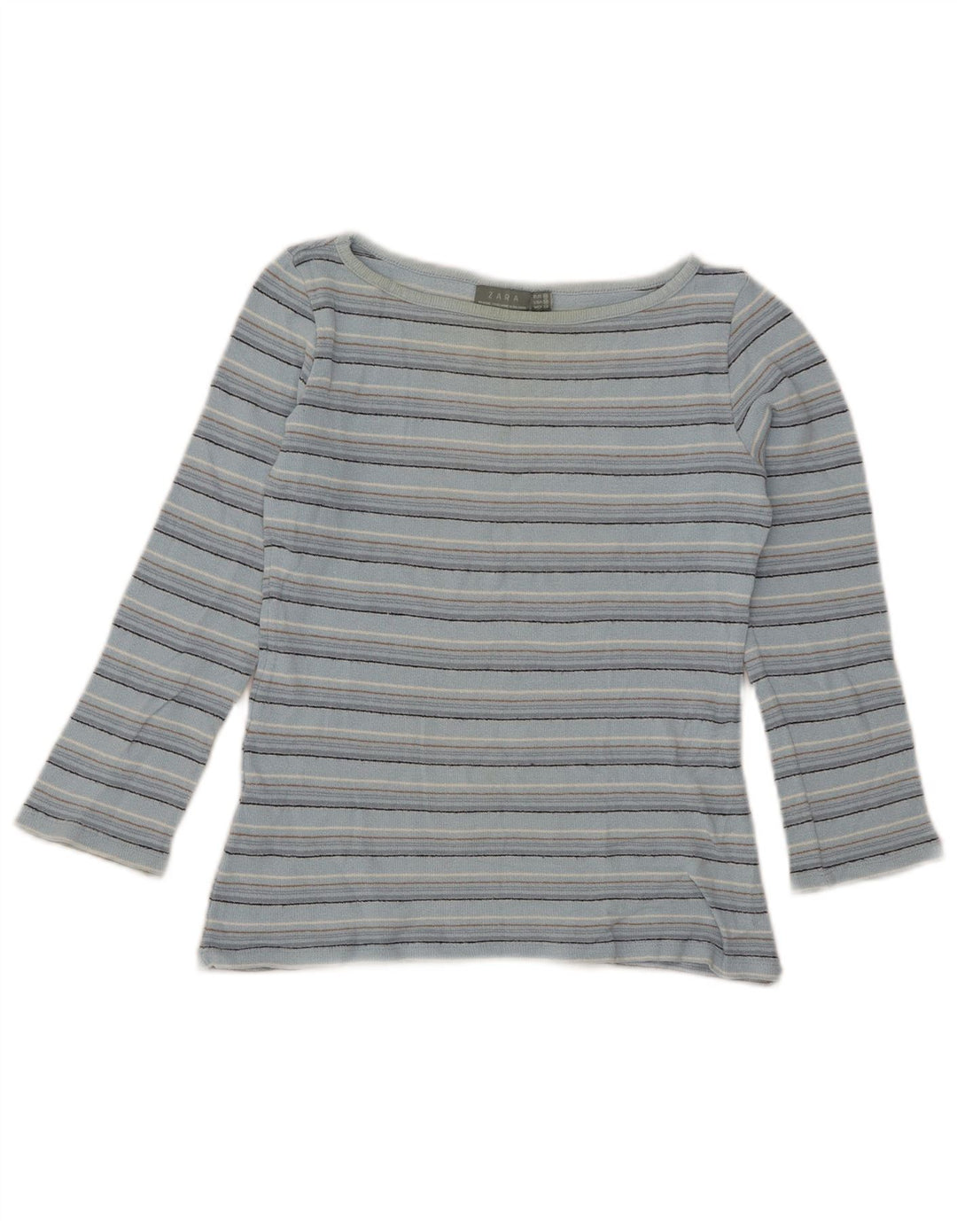 Zara Womens Crop Top 3/4 ærmer UK 12 Mellem blå stribet