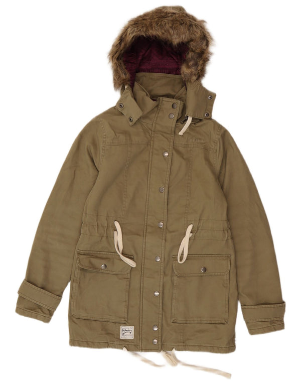 Animal Dame Hooded Parka Jacket UK 6 XS Khaki Cotton