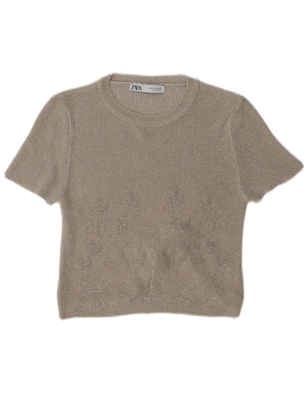 Zara Womens Crop Bluse Top UK 12 Medium Beige