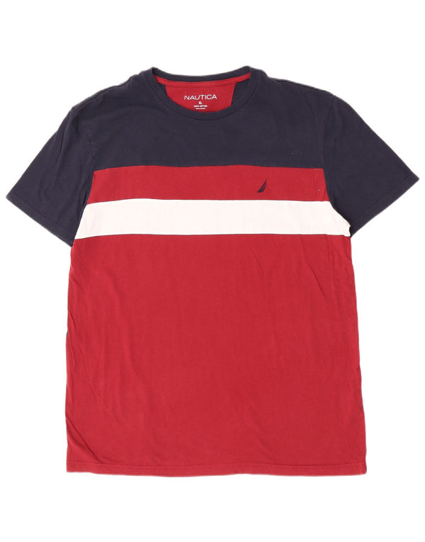 Nautica Herre T-Shirt Top XL Marineblå Colourblock Bomuld