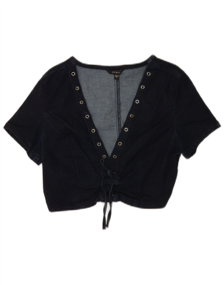 Guess Dame Denim Crop Top UK 12 Medium Navy Blue Bomuld