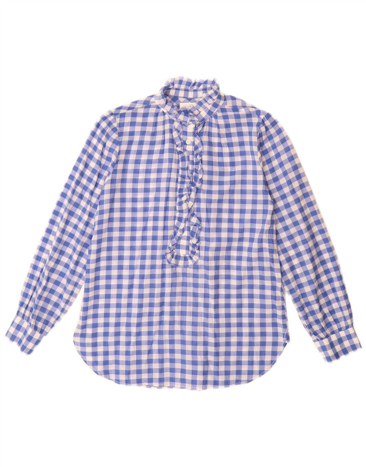 J. Crew Womens Ruffle Front Langærmet skjortebluse US 4 Small Blue Check