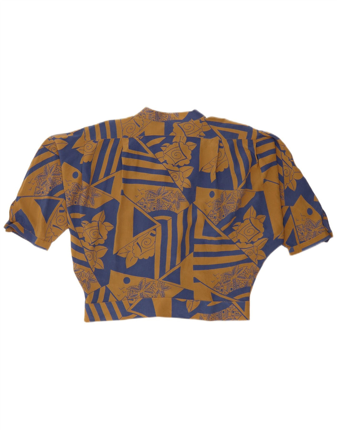 VINTAGE kortærmet skjortebluse til kvinder IT 46 Stor brun blomstret silke