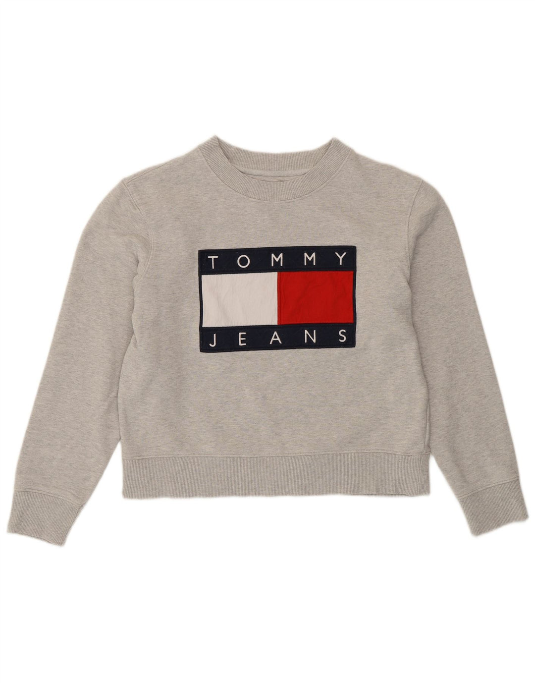 TOMMY HILFIGER Dame Crop Graphic Sweatshirt Jumper UK 16 Large Grey