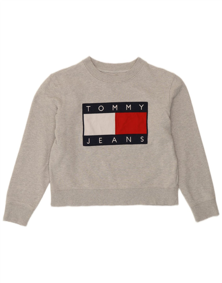TOMMY HILFIGER Dame Crop Graphic Sweatshirt Jumper UK 16 Large Grey
